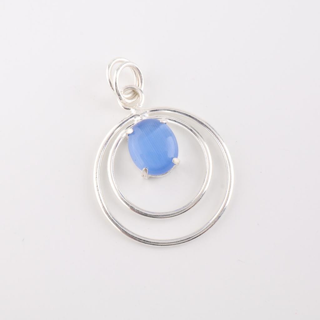 Dark Blue Cat's Eye Gemstone 925 Sterling Silver Jewelry Handmade Pendant 1.65" PP-61-49