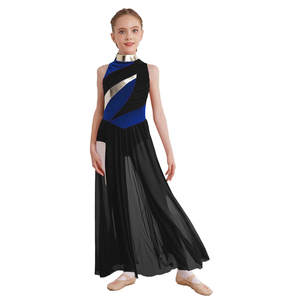 Girls Modern Dance Costume Mock Neck Sleeveless Back Invisible Zipper Ruched Mesh Overlay Bodice Side Split Dress