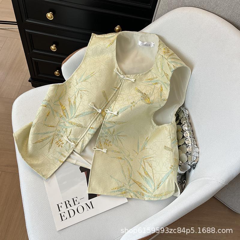 Vest vest brocade spring women's jacquard versatile retro handmade buckle top