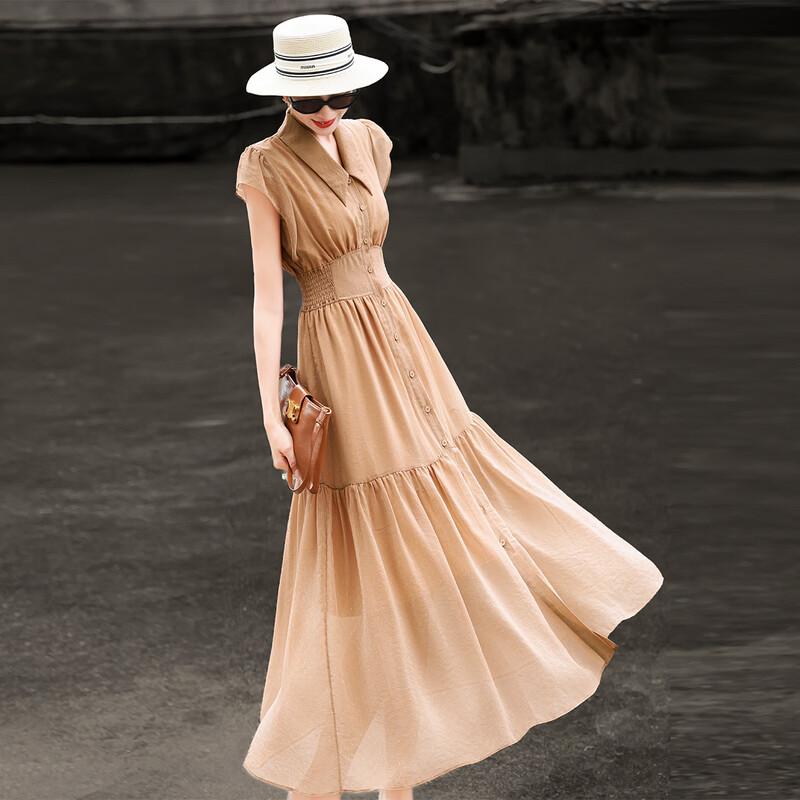 Lansere 2026 Summer Elegant Fly Sleeve Lapel A-line Dress XL