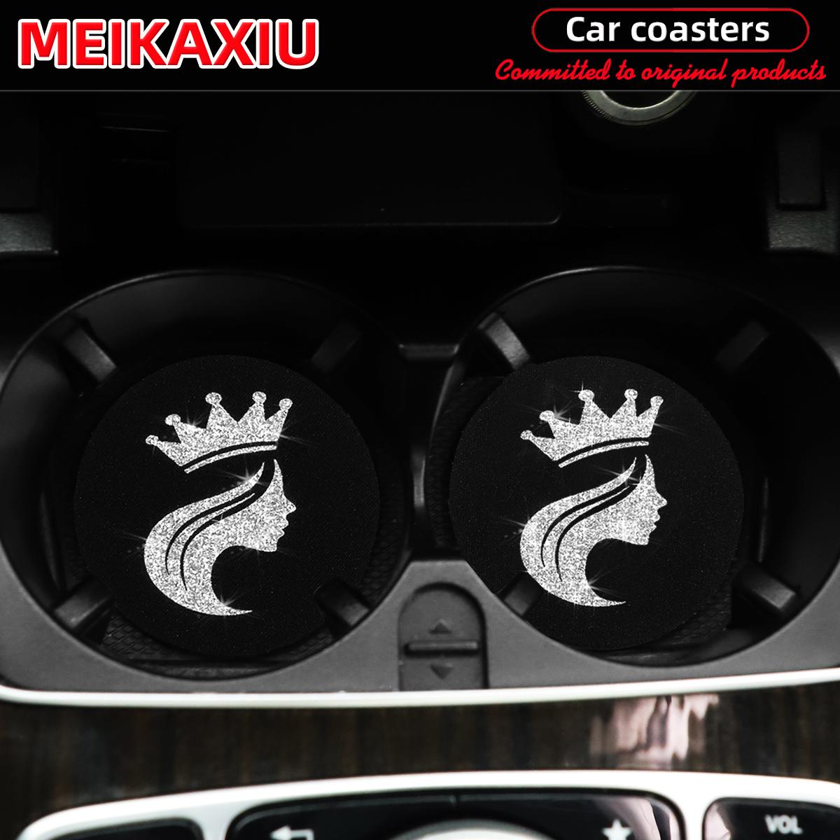 

A pair of car water cup mats for interior decoration. QUEEN , with shiny and glittering design. Made of fabric and rubber. срібний