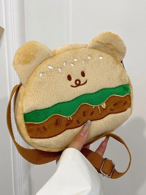 Soft Velvet Hamburger Bear Crossbody Bag With Embroidery For Daily Use