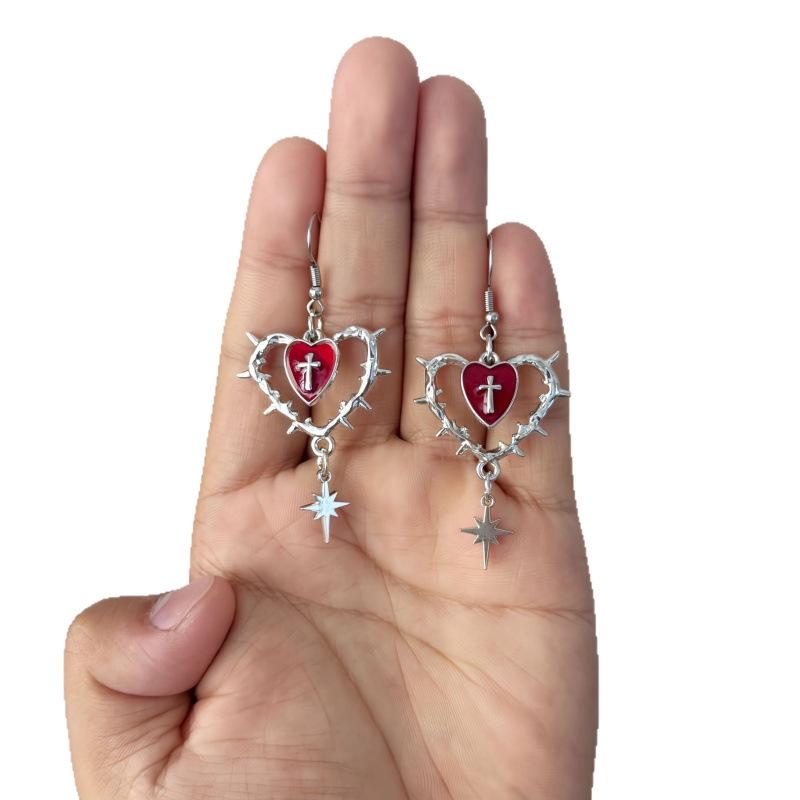 Jun'an Original Punk Gothic Thorn Heart Cross Earrings for Women