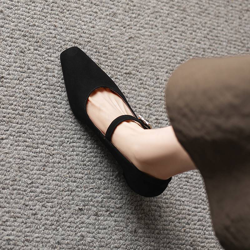 Krazing Pot Sheep Suede Square Toe Med Heels Summer Shoes Big Size 42 Crystal Buckle Women Shallow Pumps
