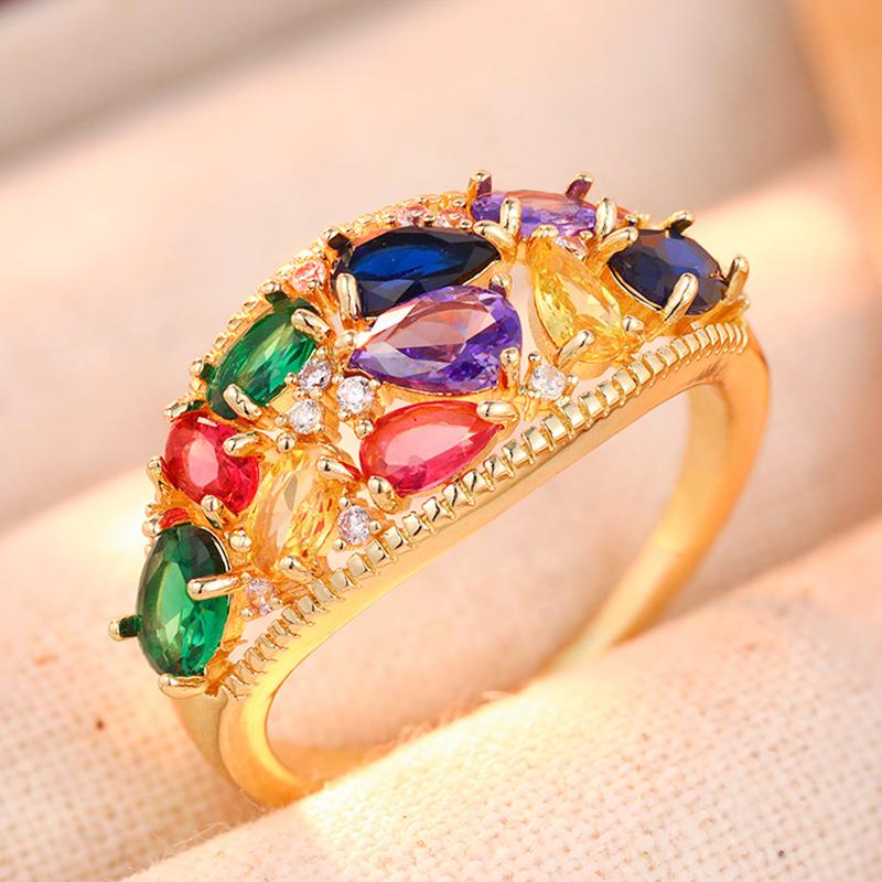 Exquisite Inlaid Multicolored CZ Women's Ring Trendy Gold Color Geometry Daily Wear Party Jewelry Anniversary Gift