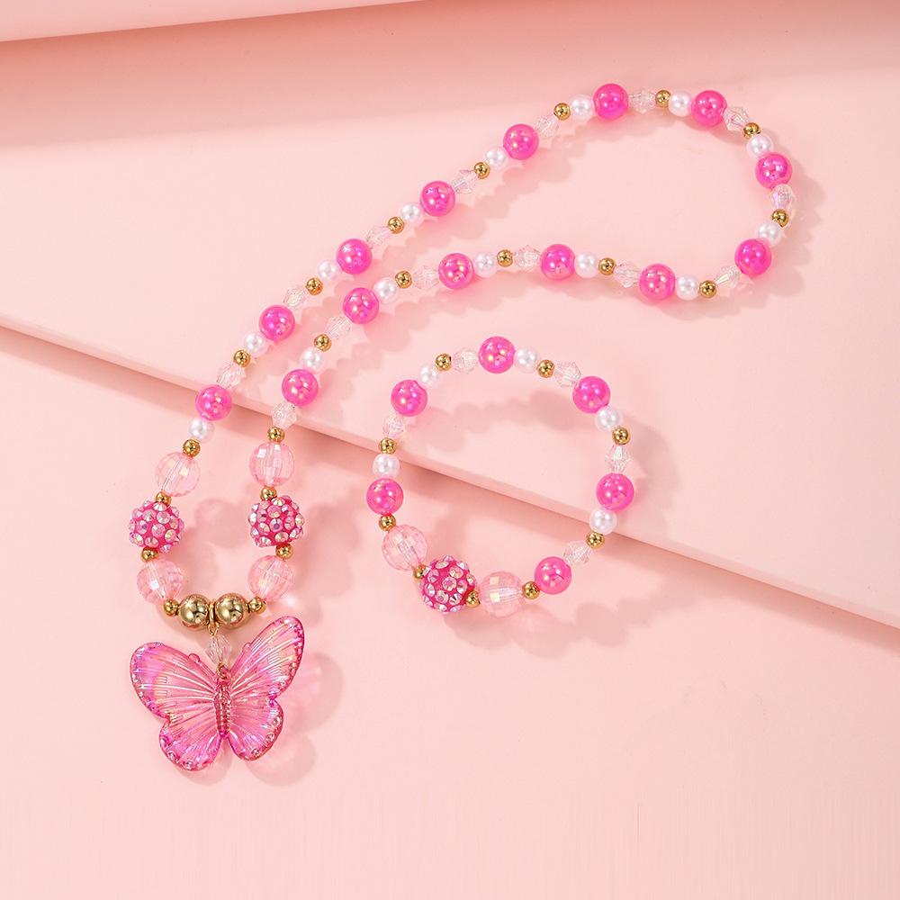 New Girl's Collarbone Necklace Princess Zircon Color Crystal Zircon Butterfly Children's Necklace Bracelet suit
