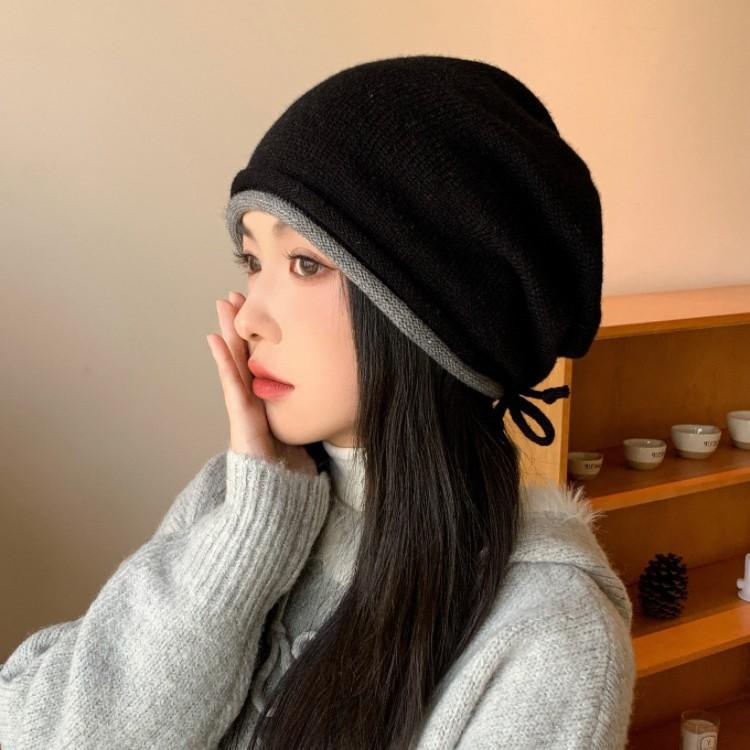 Double rolled Edge Drawstring Pile Hat Women's Warm Headscarf  Cold Hat  Big Head Circumference  Making The Face Look Smaller  Versatile Knitted Hat