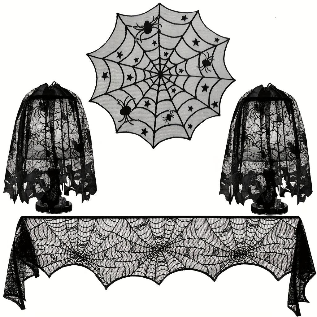Halloween spider web lampshade cover -20X60 inch black lace ribbon design, battery free, suitable for holiday party decoration