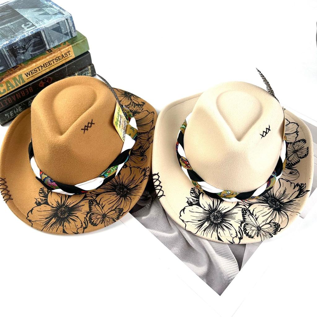 Original Design Jazzhut Zylinder Vier Jahreszeiten Filzhut Bedruckte Accessoires Feder Cowboyhut