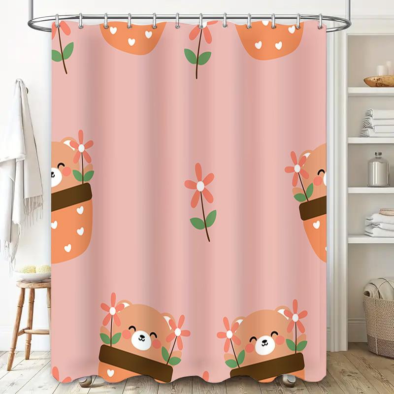Adorable Animal Print Shower Curtain Pink Flower Decor Happy Bear Pattern Waterproof Fabric for Bathroom Decoration Home Improve