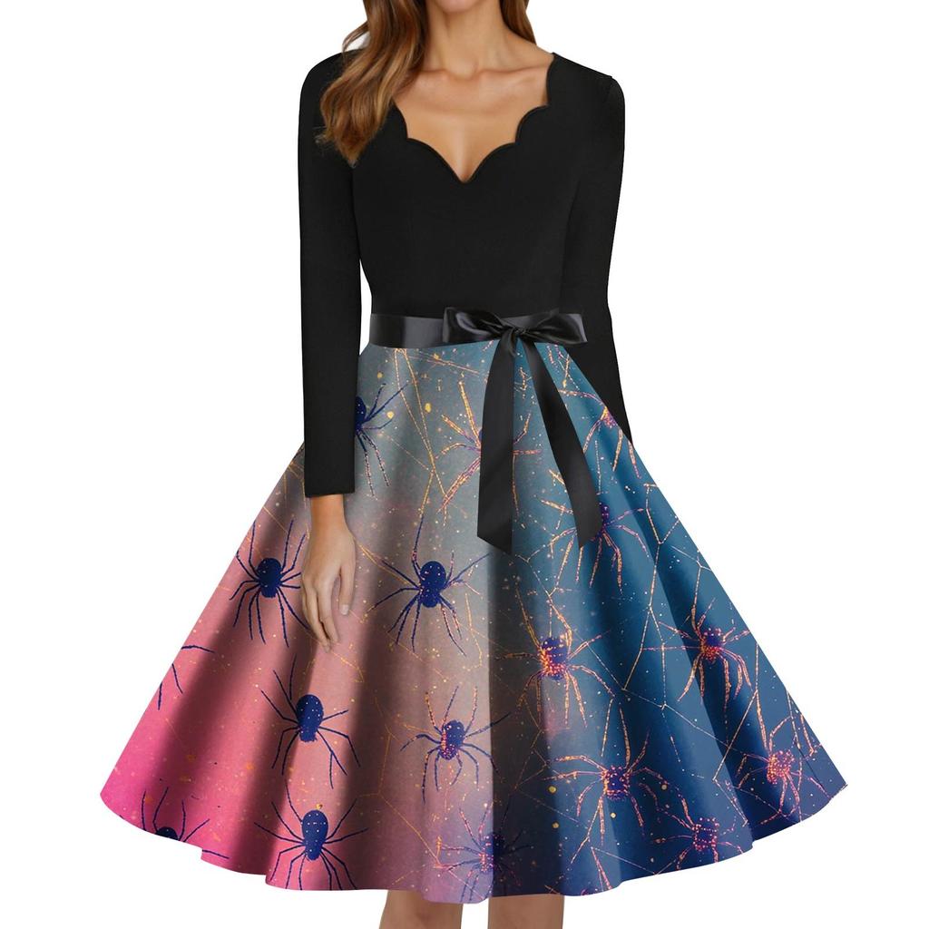 Women's Fashion V-Neck Casual Slim Fit Halloween Printed Long Sleeve Dress