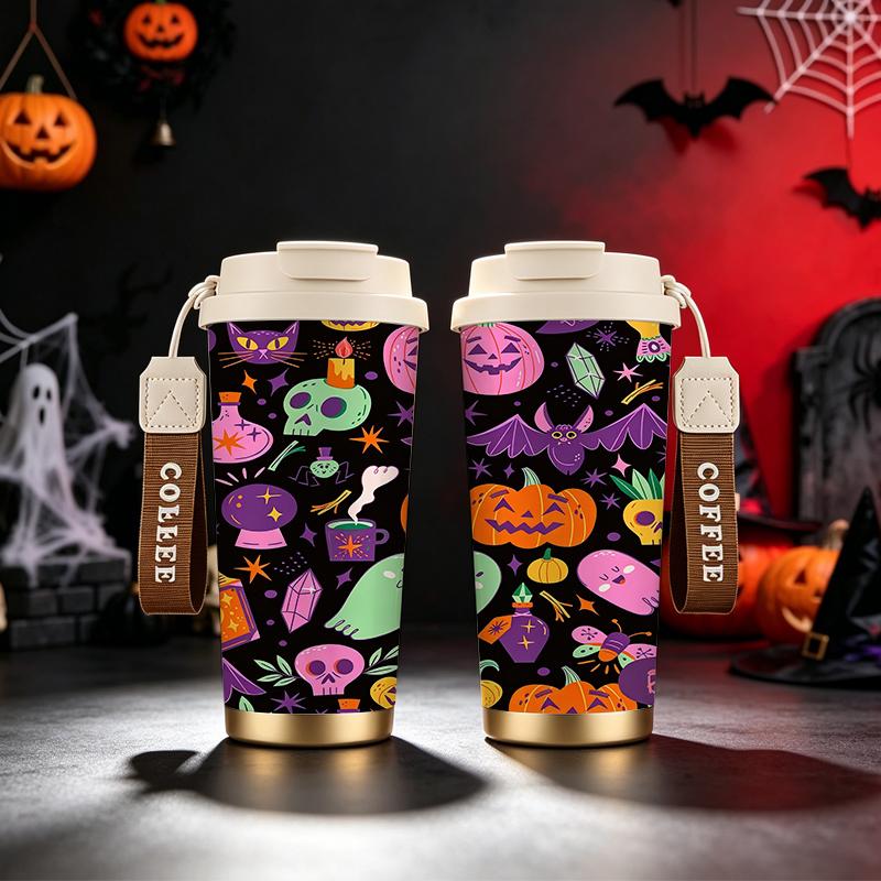 532ml Coffee Cup Halloween Magic Pumpkin Ghost Skull Bat MotifLarge Capacity Tea Cup Car Portable Cup Commuter Coffee Cup