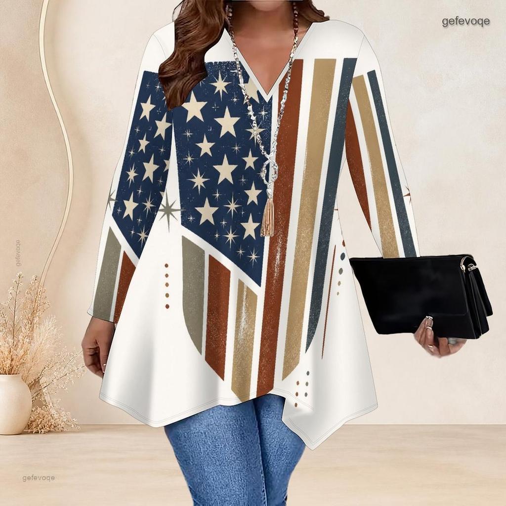 Women Plus Size V Neck Long Sleeve Printed Asymmetric Hem Flared Tunic Top