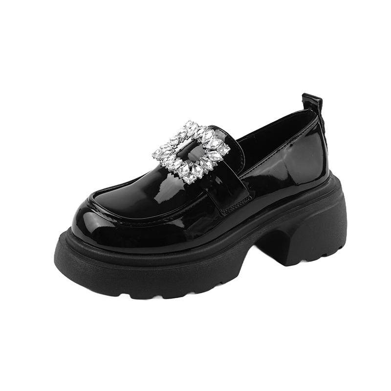 Rhinestone Buckle Loafers Autumn New Round Toe Deep Mouth Platform Non-slip Wear-resistant Block Heel Shoes