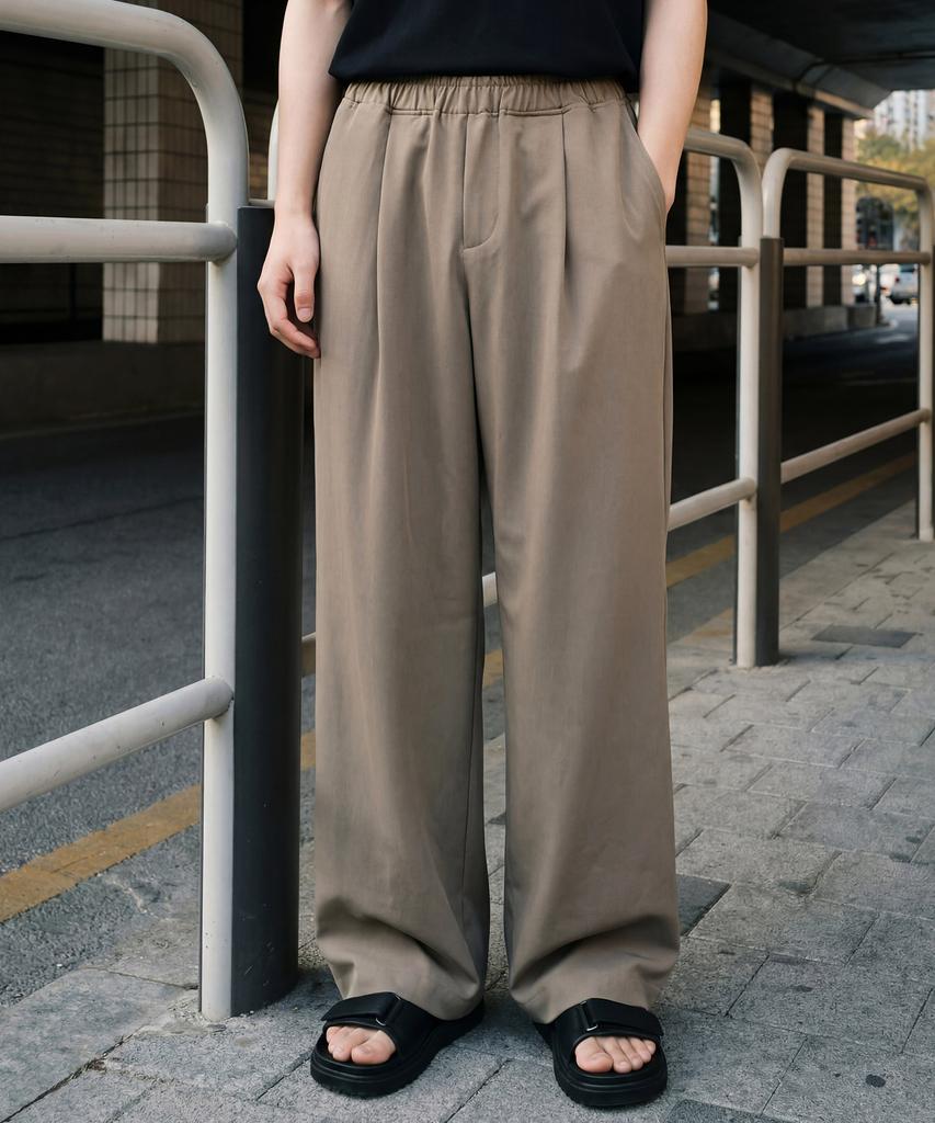 JEMUT Clean Single-Pleat Elastic Wide Slacks Dark Beige Kjlp2705