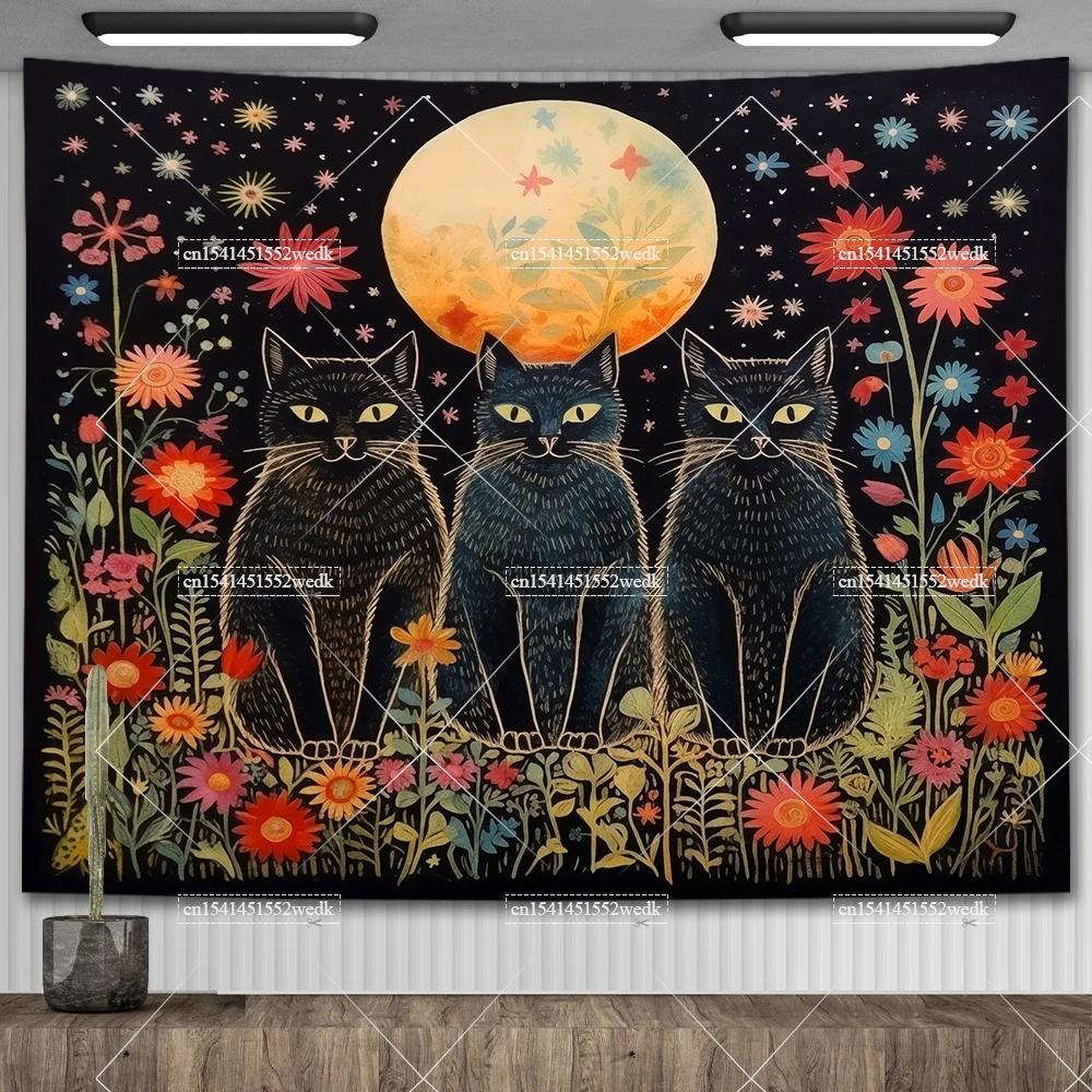Black Cat Library Tapestry Wall Hanging Occult Witchy Altar Cloth Tarot Tapestrys Aesthetic Bedroom Decor Printed Tapestries
