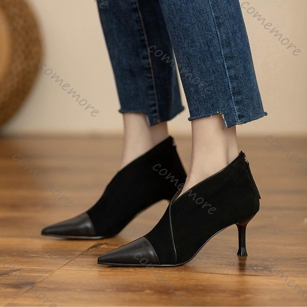 Fashion Comemore Suede High-heeled Boots Spring Autumn Women Shoes Solid Elegant Pointed Toe Splicing Retro Heeled Ankle Boots for Women