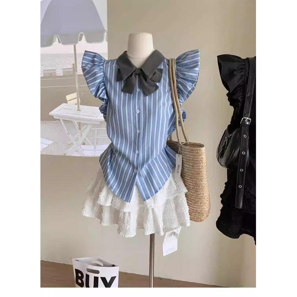 

Женский черный комплект из блузки с рукавами-буфами и бантом и юбки - Летний дизайн из 2 предметов 2025 L (for 100-110 jin) синий