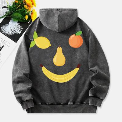 Frucht Smiley Gesicht Gewaschene Hoodies Damen Lustiges Design Druck Baumwolle Kapuze Oversize Tasche Warm Damen Kleidung