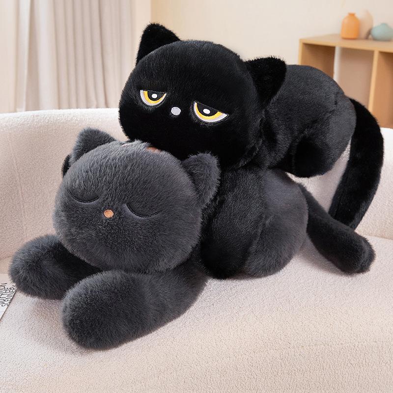 Black Cat Plush Pillow Soft Stuffed Lying Cat Cushion Cute Sleeping Cat Design Lovely Birthday Gift Idea For Cat Lovers