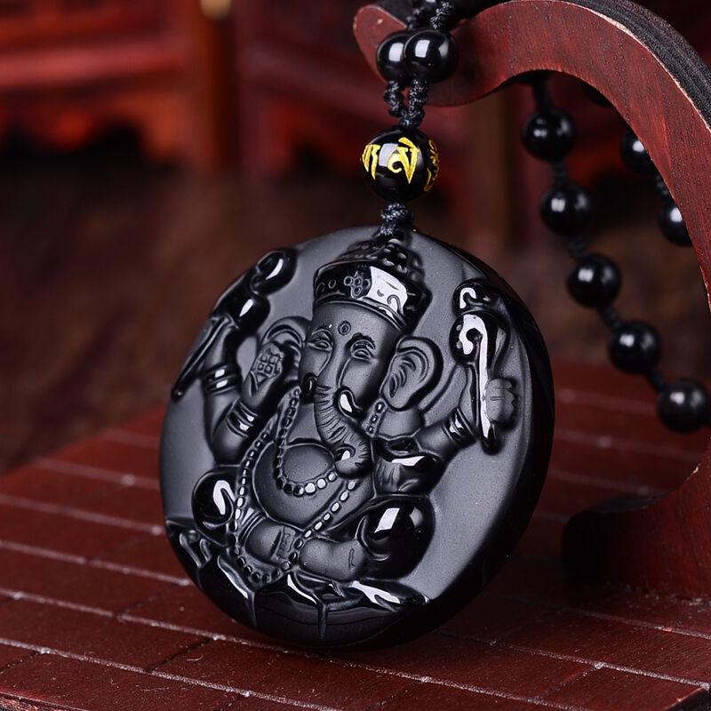Kryształowy Obsydian Tajski Ganesha Czteroramienny Amulet Bogactwa z Wisiorkiem Matki i Słoniątka