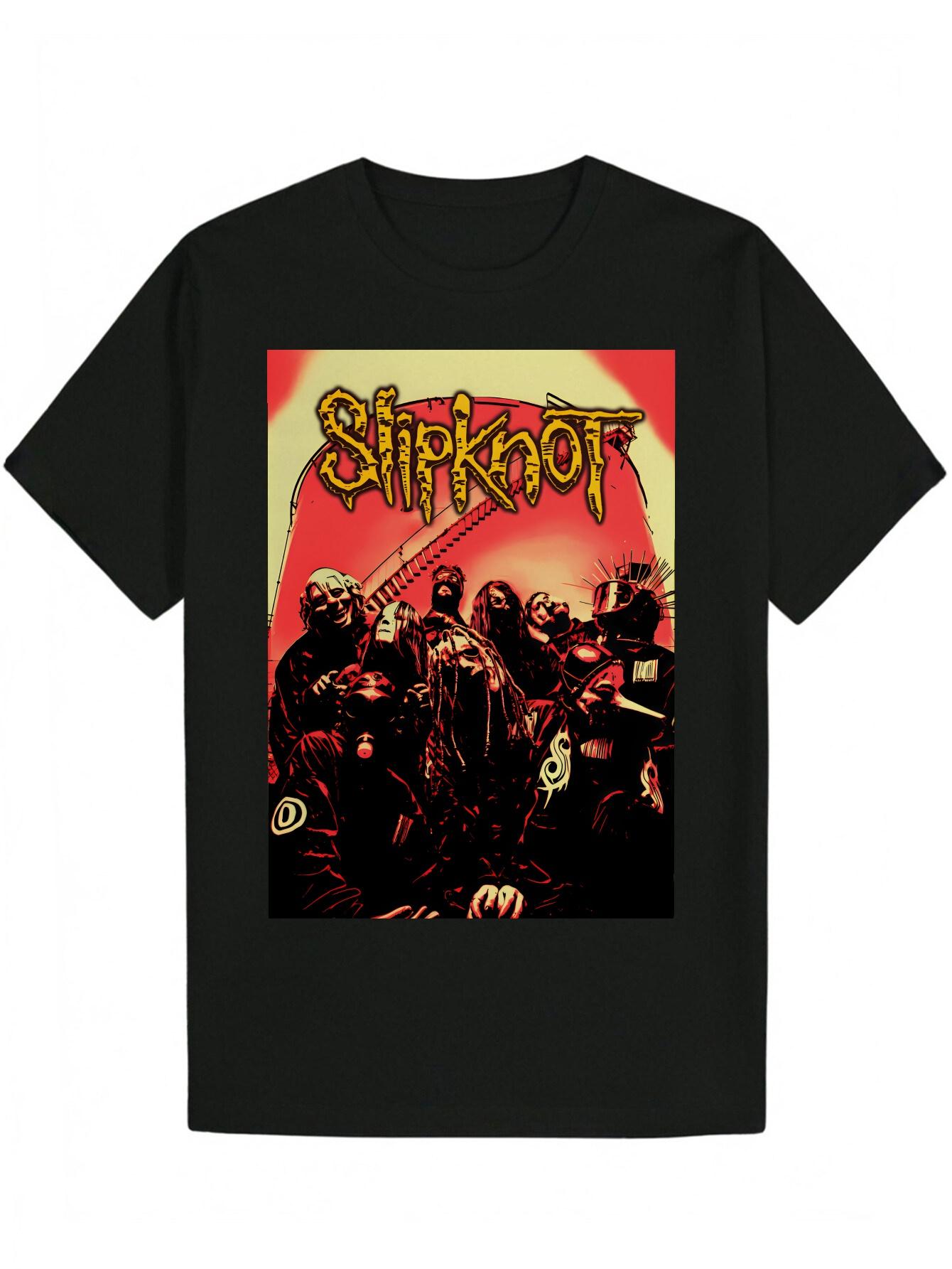 Crew Neck T-shirt - Slipknot Band Graphic Tee with Vibrant Red & Black Design L