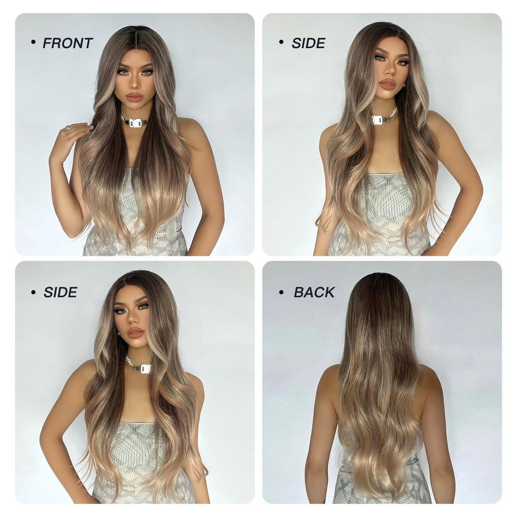 ALAN EATON Ombre Brown Blonde Wave Wigs for Women Synthetic Hand-tied Hairline Part Lace Wig Natural Looking Heat Resistant Wig