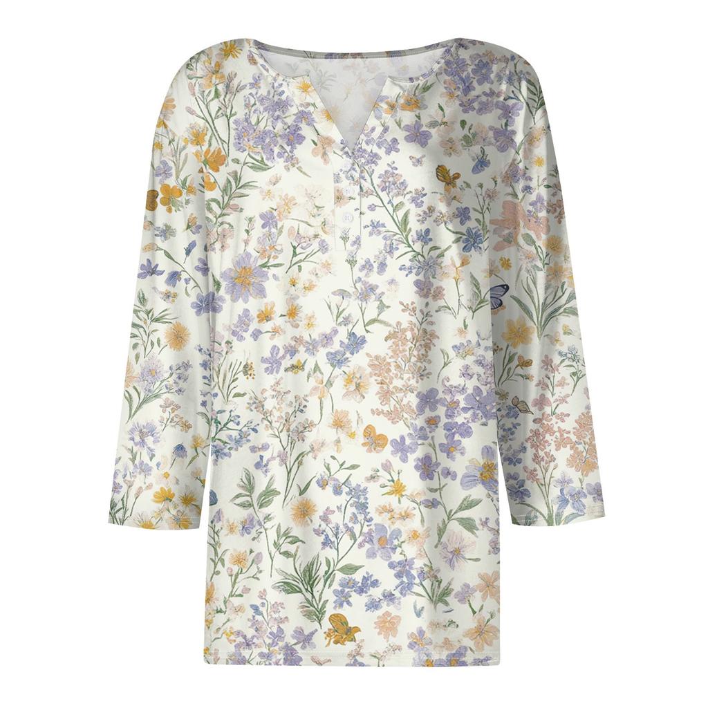 Women's Fashion Button V-Neck Seven Sleeve Vintage Floral Print Casual Top