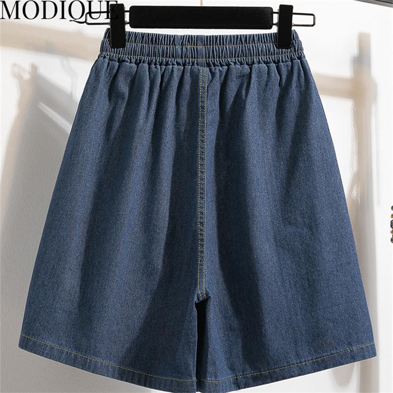 MODIQUE Été Femmes Grandes Tailles Ample Basiques Élastique Cordon de Serrage A-Ligne Jambe Large Short en Denim Féminin Décontracté Bleu Foncé Short