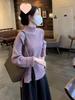 Women's Purple Ribbed Knit Semi-High Neck Sweater with Hem Side Slit - Slimming Spring/Summer Fashion Top