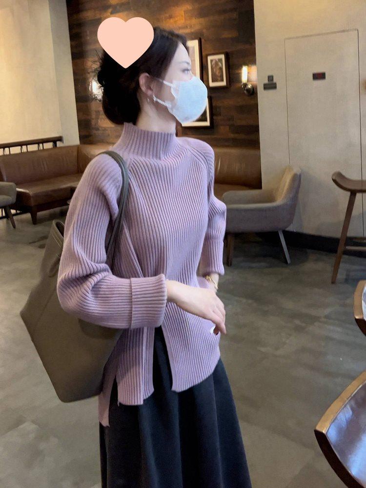 Women's Purple Ribbed Knit Semi-High Neck Sweater with Hem Side Slit - Slimming Spring/Summer Fashion Top