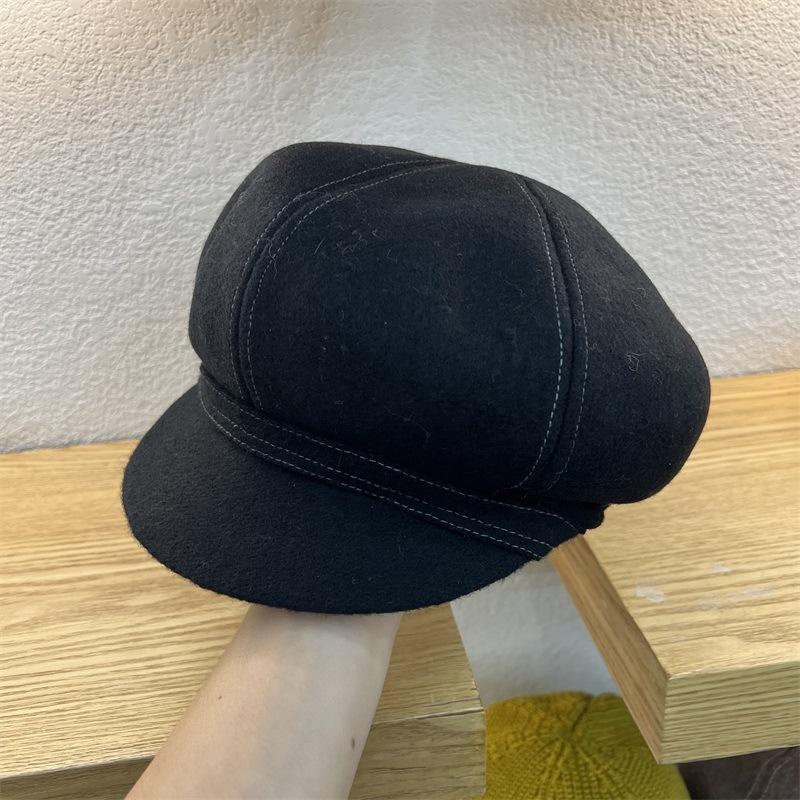 

Шерстяная шляпа женская осенне-зимняя кепка ретро повседневная универсальная берет большой обхват головы показывающая лицо маленькая восьмиугольная шляпа M（56-58cm） чёрный