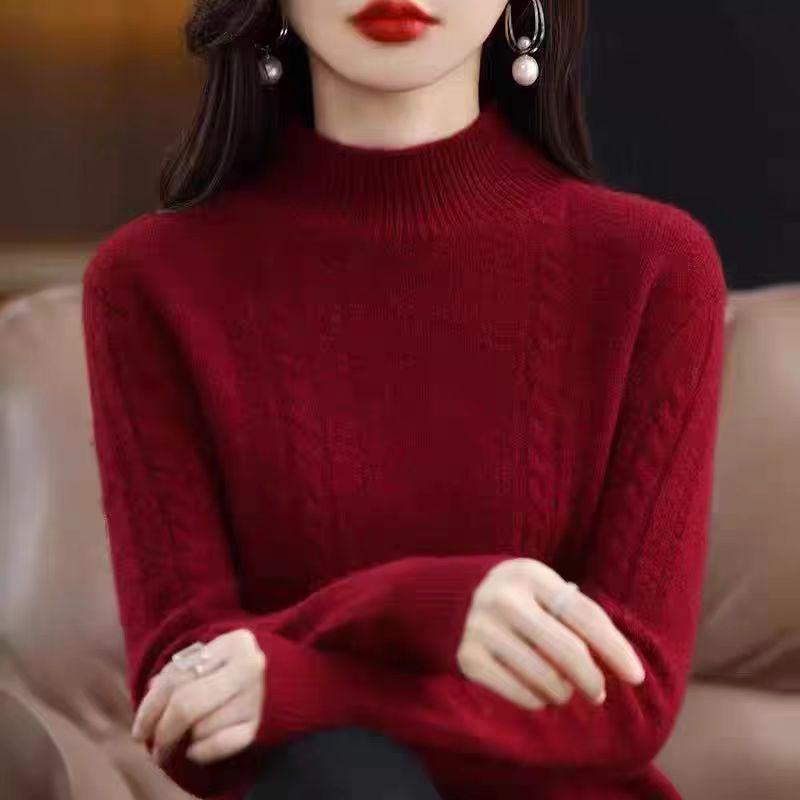 Half Turtleneck Sweater Thickened Knitted Sweater for Women In Autumn and Winter Solid-colored Top and Loose Warm Pullover