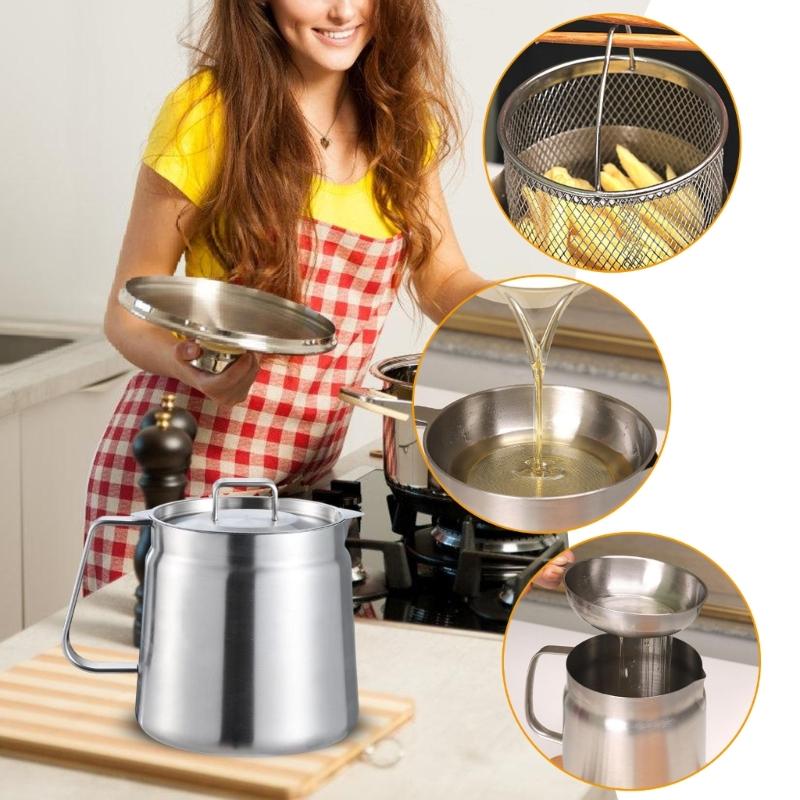 Portable Large Capacity Oil Strainer Pot Stainless Steel Cooking Oil Container with Basket for Kitchen and Outdoor Use
