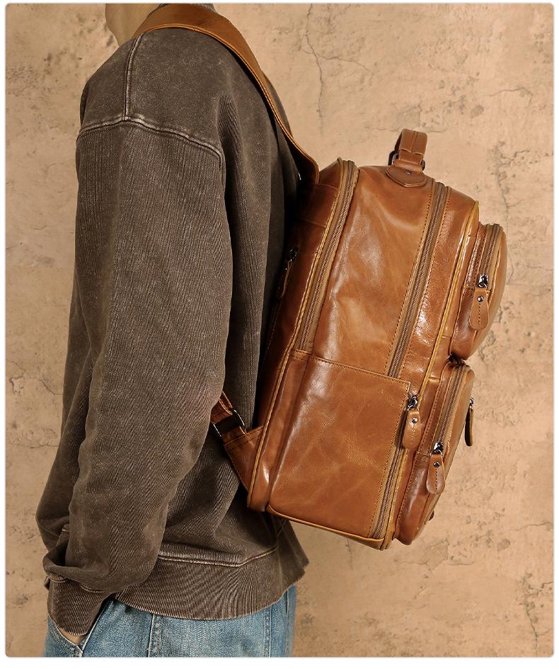 Men's Genuine Leather Multi-Pocket Travel Backpack: Large Capacity, Versatile, and Ideal for Casual Outdoor Adventures.