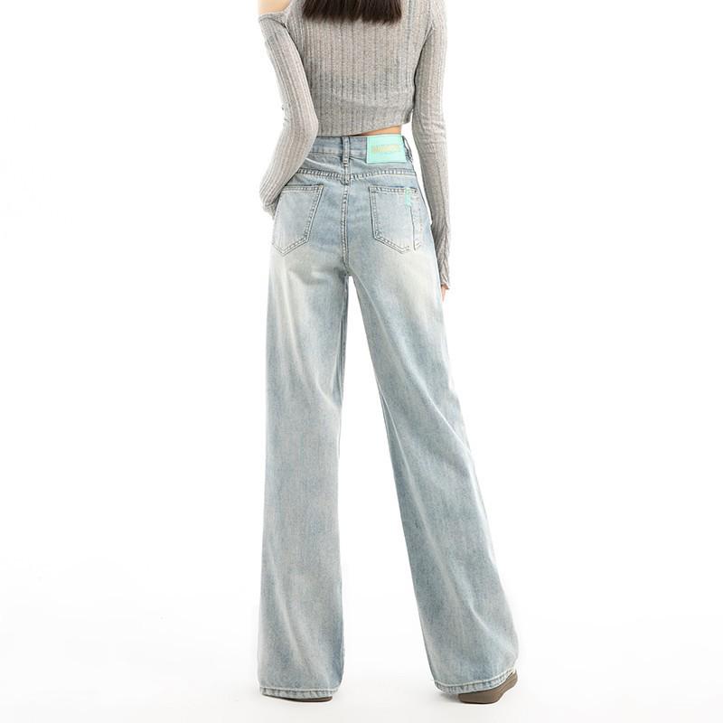 

Женские светло-голубые джинсы с высокой посадкой и широкими штанинами - Трендовые, свободного кроя, стройнящие, повседневные брюки прямого кроя для весны и осени S (41.5-46.5 kg) светло-синий