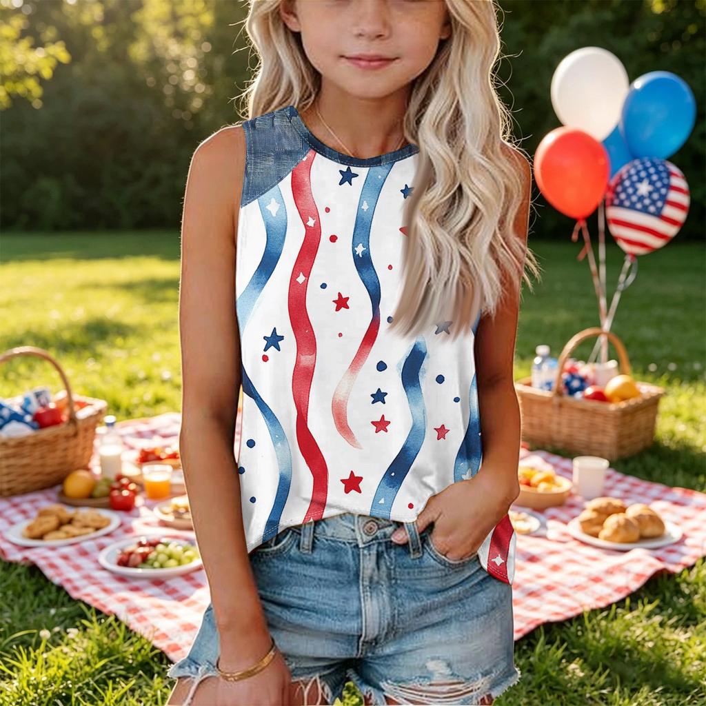 Sleeveless Loose Fit Tank Top for Women Round Neck Denim Print Star Pattern Casual Summer Shirt