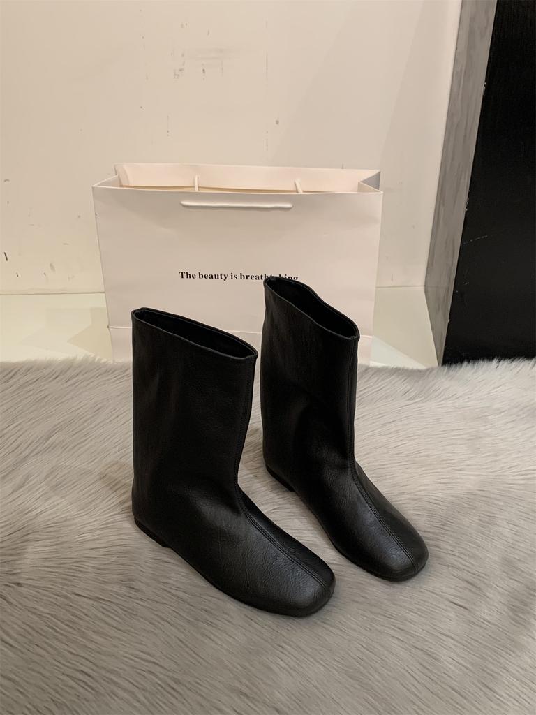 French Minimalist Sleeve Round Head High Boots New Flat Bottom Square Head Loose Knight Boots Women's Knee Boots