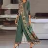 Women's Vintage Floral Print Round Neck 3/4 Sleeve Long Tunic Top & Wide Leg Pants 2-Piece Casual Set