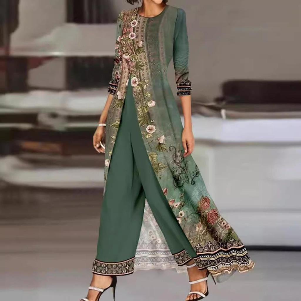 Women's Vintage Floral Print Round Neck 3/4 Sleeve Long Tunic Top & Wide Leg Pants 2-Piece Casual Set