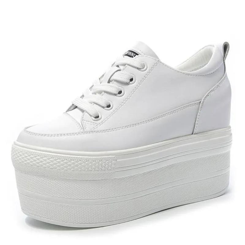 Fashion Hot Sale 12cm Genuine Leather Women Vulcanized Shoes Leather Platform Wedge High Heels White Shoes Lace Up Increase Casual Shoes