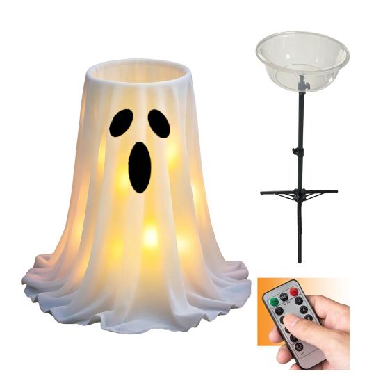 Decoração de Halloween Yousheng com Luz LED de 8 Modos com Controle Remoto, Tigela de Doces Fantasma com Suporte de Tripé, Porta-Doces Fantasma Fofo para a Frente