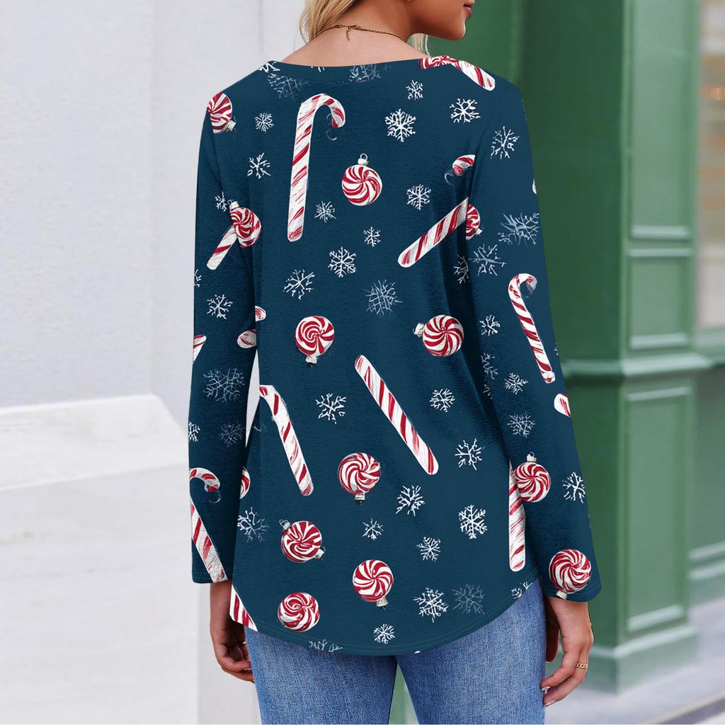 Women's Fashion Casual Christmas Tree Print V-Neck Decorative Button Long Sleeve T-Shirt Top