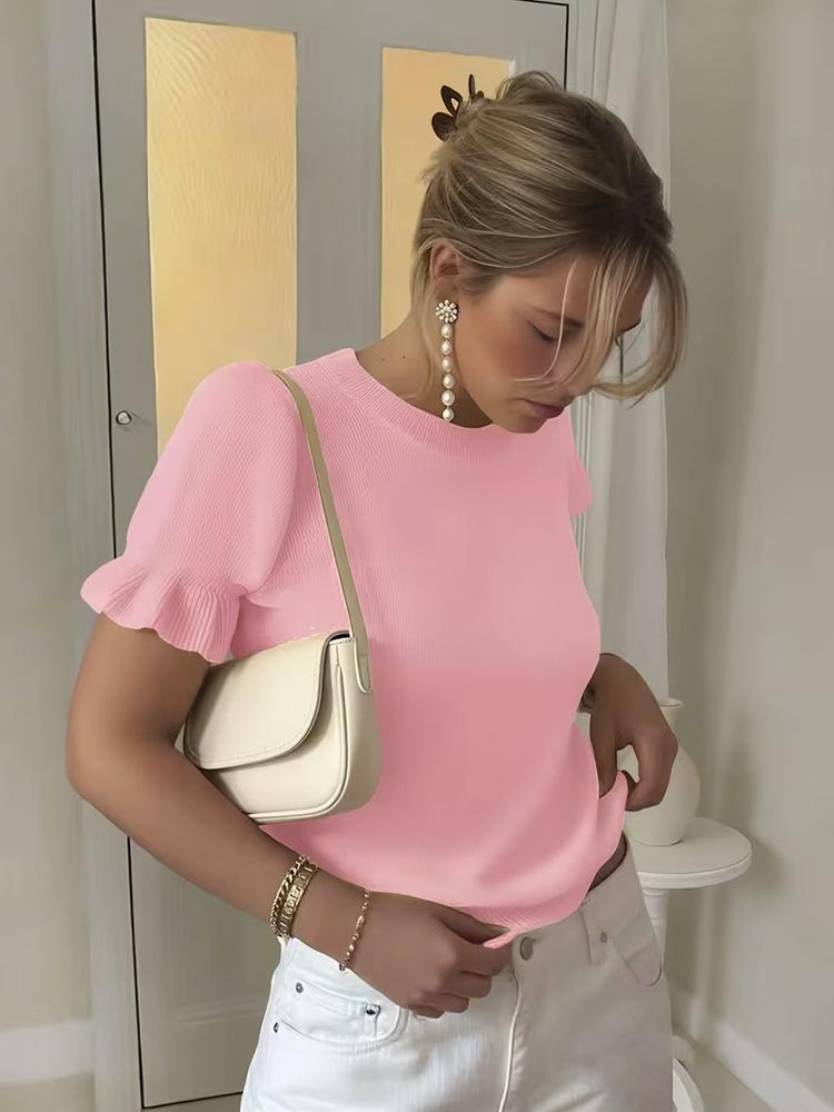 Temu spring and summer new products, women's solid color round neck bundle short-sleeved casual simple sweater top