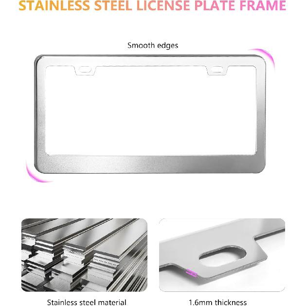 License Plate Frames - 2 Packs Stainless Steel Universal Car Tag Frame for Front and Rear Number Holder with Screws & Chrome Caps