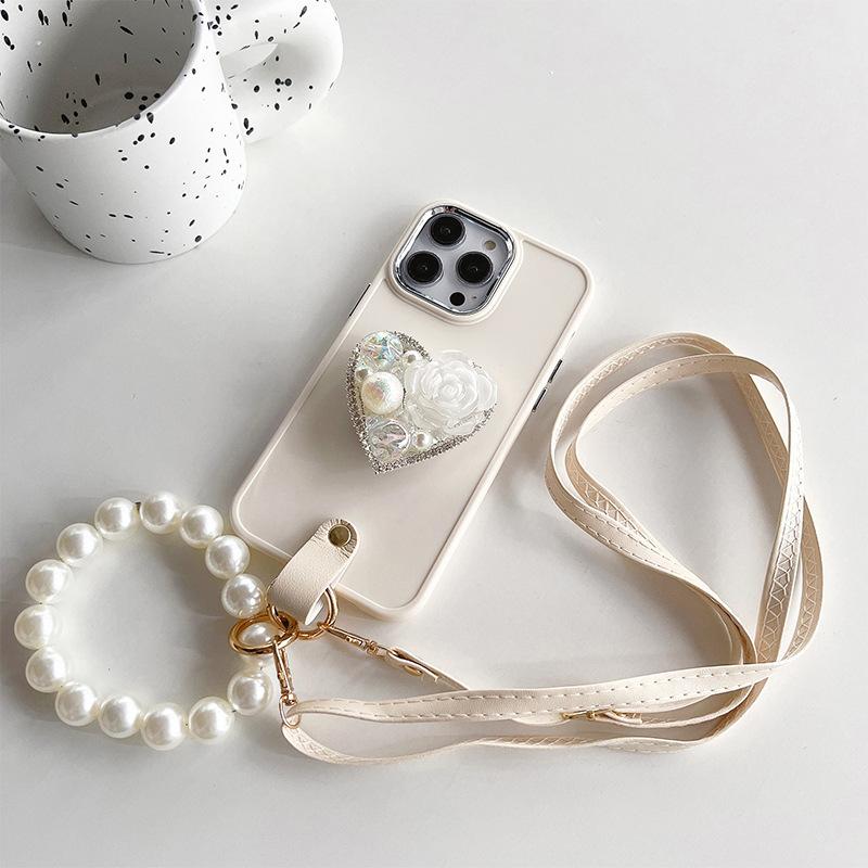 Apple 15 Rhinestone Pearl Love Holder Phone Case For Iphone17 Pearl Handchain Crossbody Rope Silicone