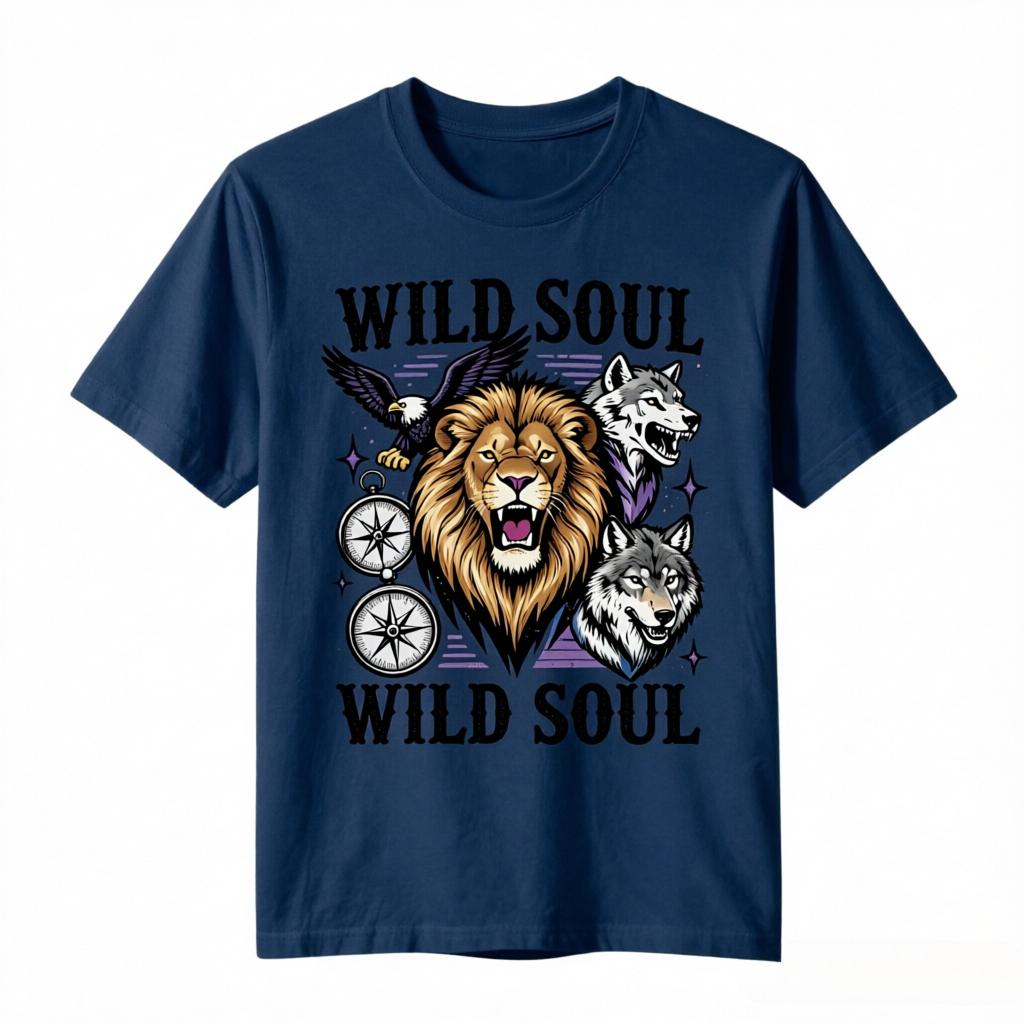 Wild Soul Lion Wolf Eagle Compass Wildlife Print TShirt Unisex Unisex Vintage Animal Graphic Casual Cotton Tee Short Sleeve Tops