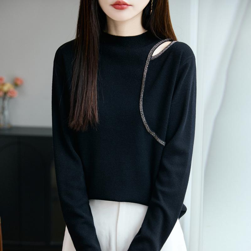 

Новый трикотажный свитер с полувысоким воротником на начало осени, с длинными рукавами и открытыми плечами, базовая кофта с дизайном, инкрустированным бриллиантами XL чёрный