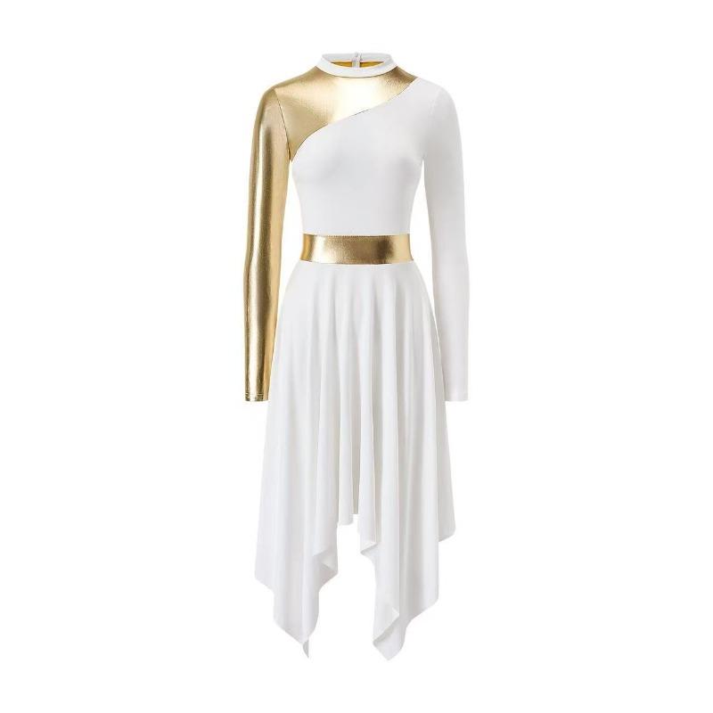 Popular women s dance performance clothing contrasting patchwork dress long sleeve asymmetrical hem dance dress S белый