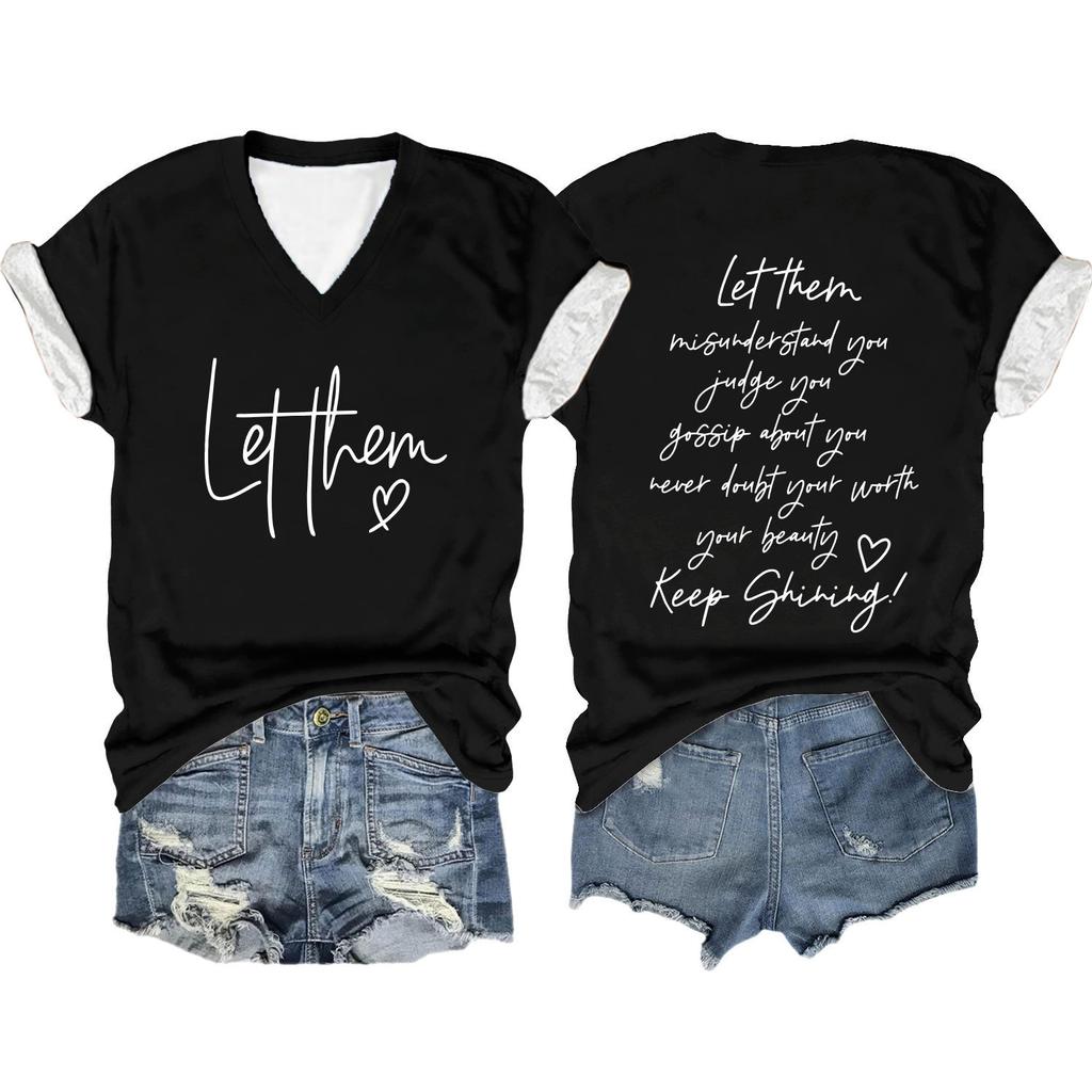 Letni top z dekoltem w serek i nadrukiem litery 3D Modne casualowe damskie T-shirty z krótkim rękawem
